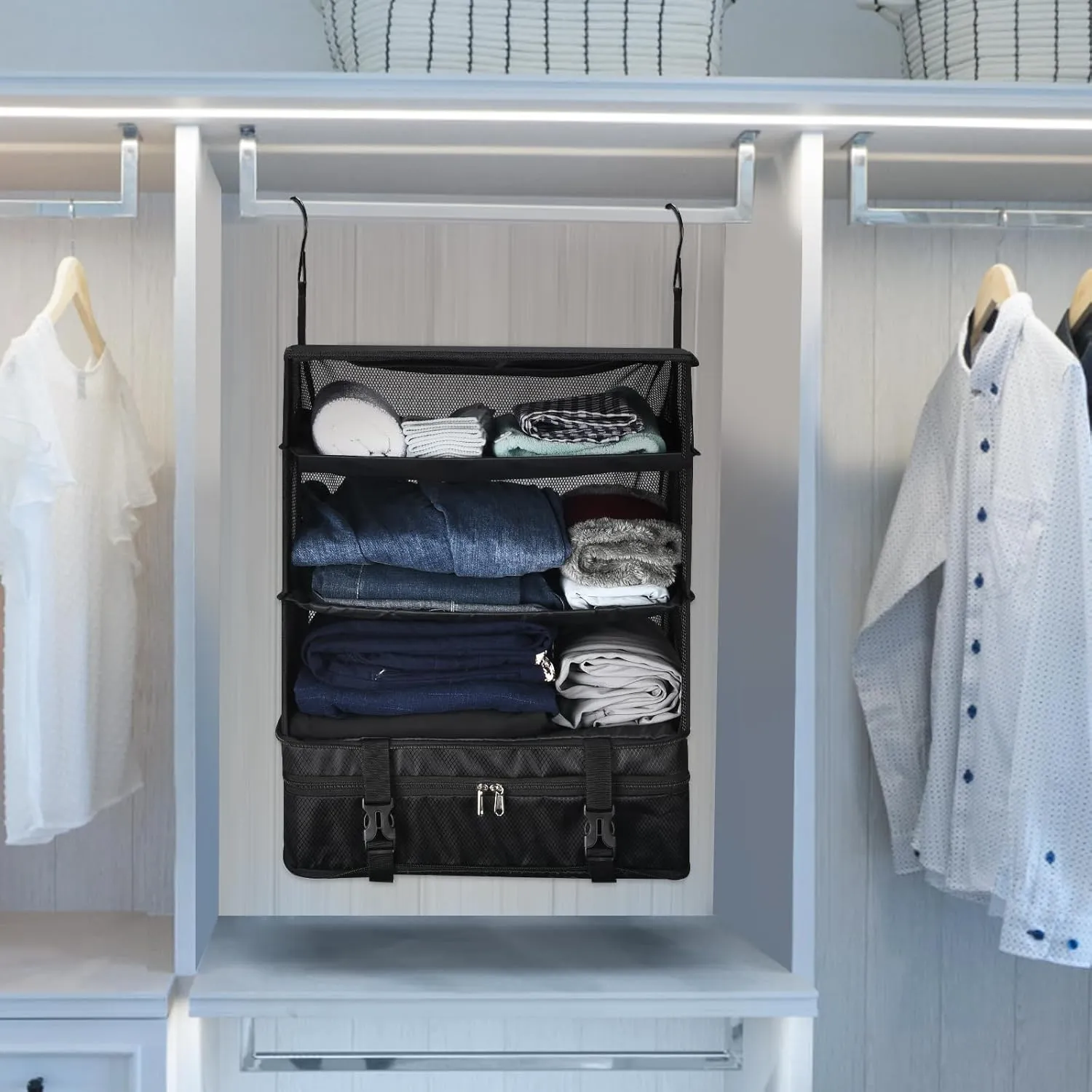 Portable Hanging Travel Shelves, Upgraded Premium Durable Oxford Packing Cubes for Suitcases Hanging Carry on Closet Luggage Organizers for Travel (Black)