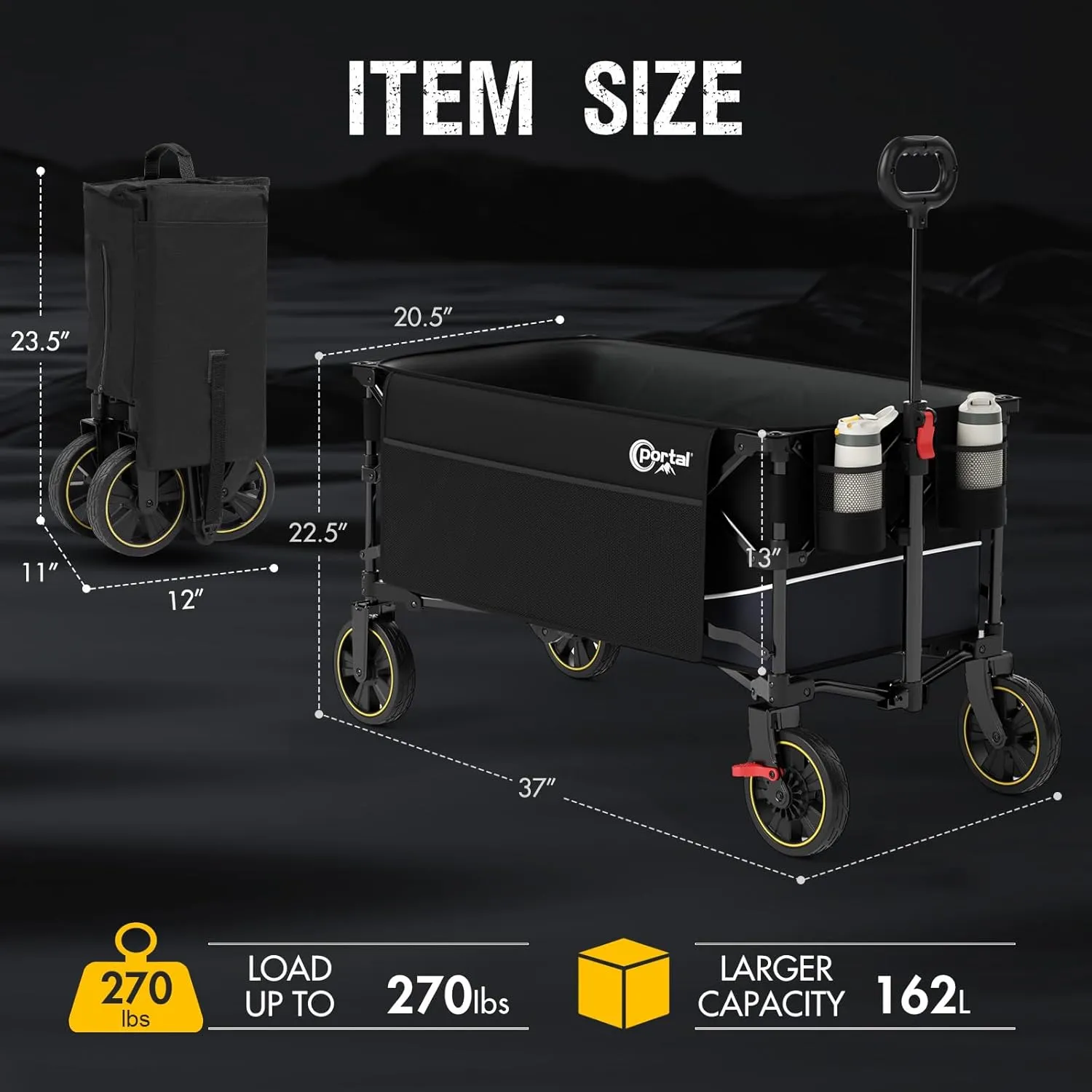 POTAL Foldable Wagons Carts with Wheels, 5 ft³ Collapsible Grocery Cart on Weels with Brakes, Folding Utility Pull Wagon Cart Heavy Duty for Camping Outdoor, Gardening, Sports