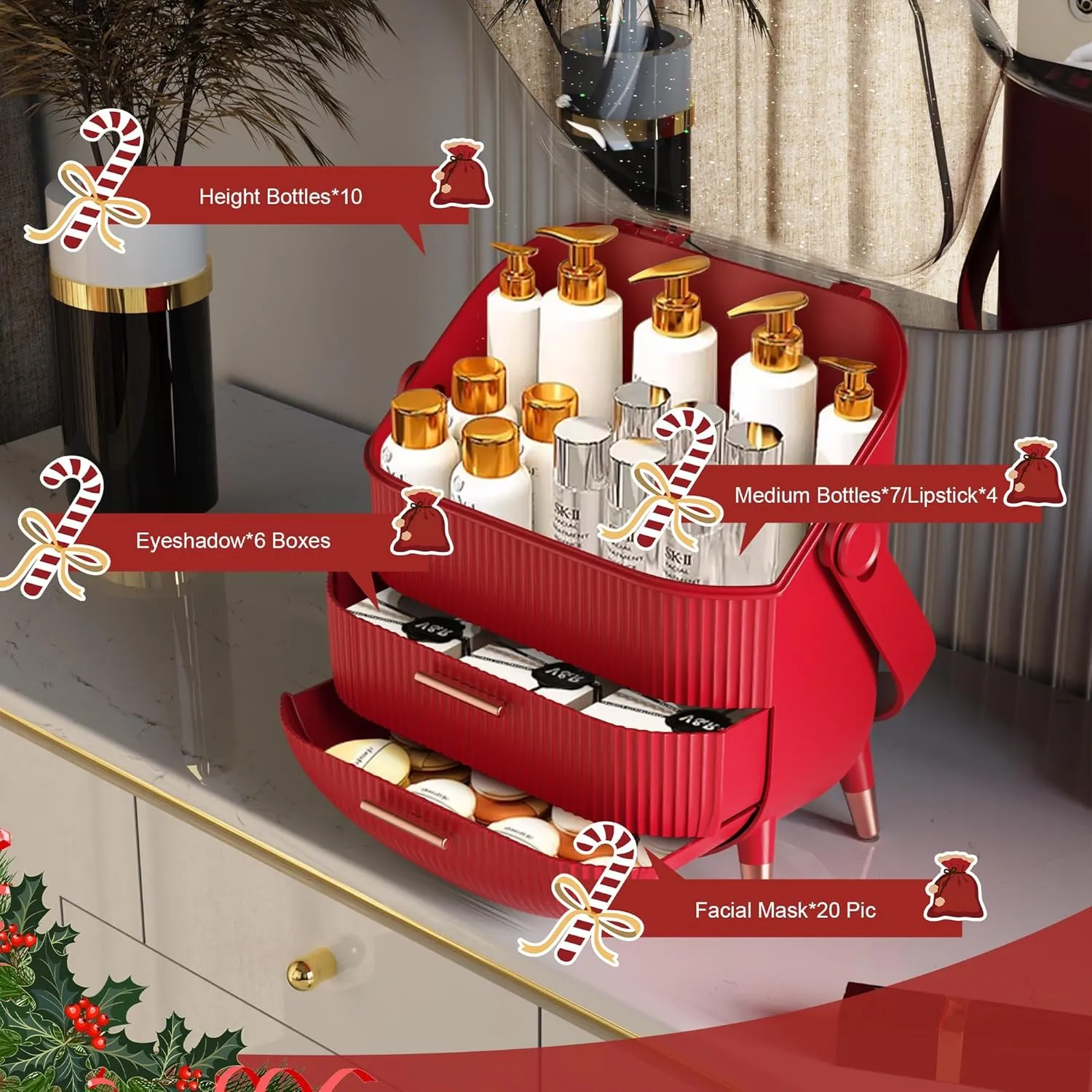 Preppy Makeup Organizers,Skincare Organizer for College Students,Portable Cosmetic Organizer Makeup Caddy for Dorm,Bathroom,Dresser Cosmetic Storage Box. (RED)