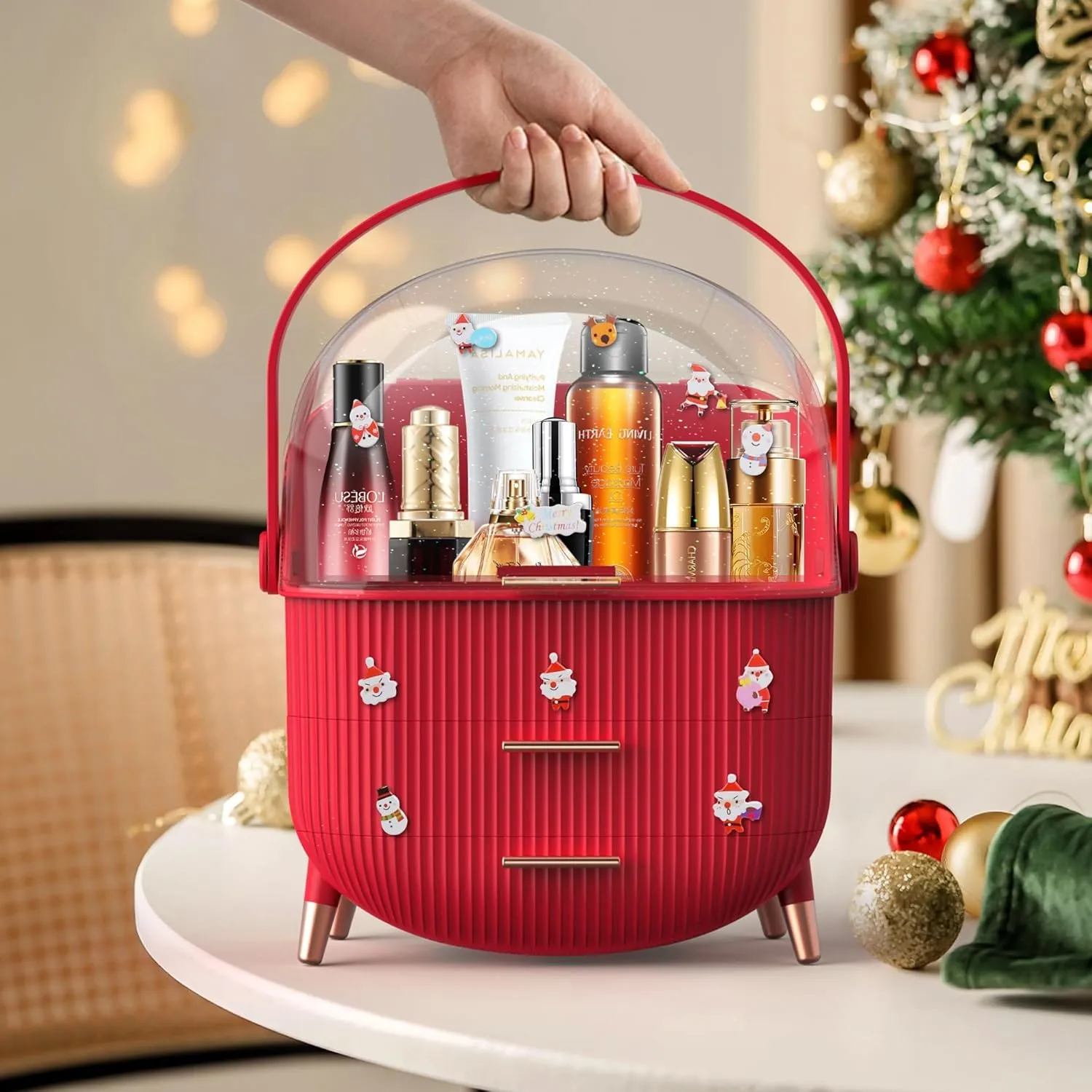 Preppy Makeup Organizers,Skincare Organizer for College Students,Portable Cosmetic Organizer Makeup Caddy for Dorm,Bathroom,Dresser Cosmetic Storage Box. (RED)