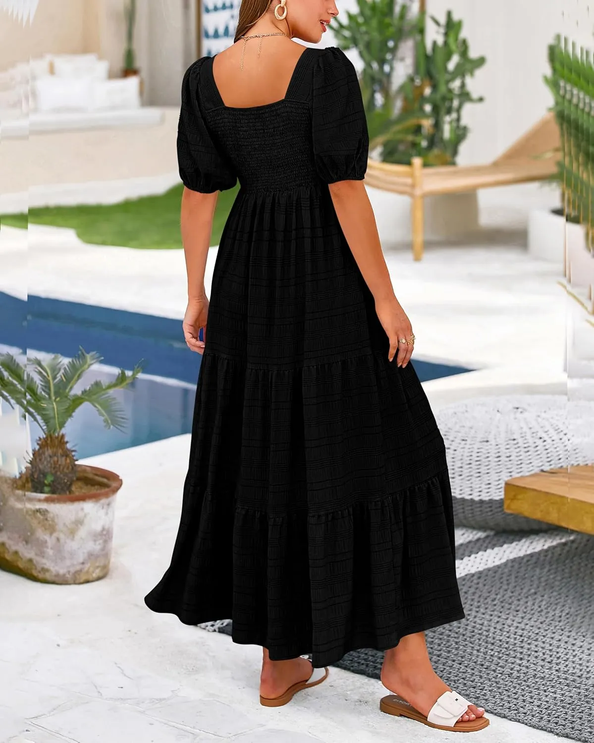 PRETTYGARDEN Women's Summer Dresses 2025 Puff Sleeve Square Neck High Waist Smocked A-Line Flowy Loose Fit Midi Dress