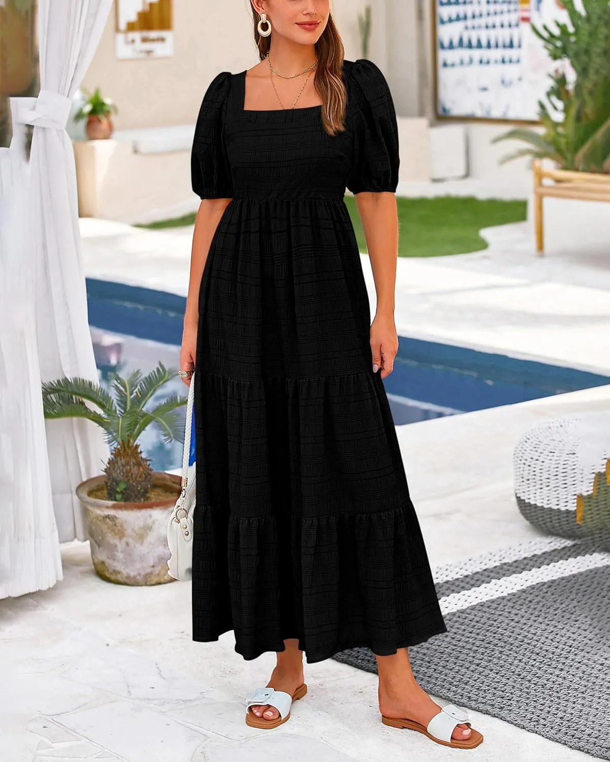 PRETTYGARDEN Women's Summer Dresses 2025 Puff Sleeve Square Neck High Waist Smocked A-Line Flowy Loose Fit Midi Dress