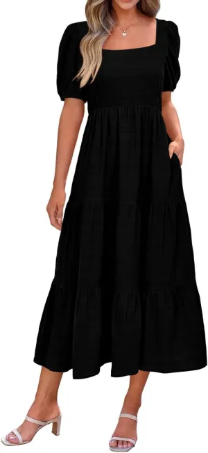 PRETTYGARDEN Women's Summer Dresses 2025 Puff Sleeve Square Neck High Waist Smocked A-Line Flowy Loose Fit Midi Dress