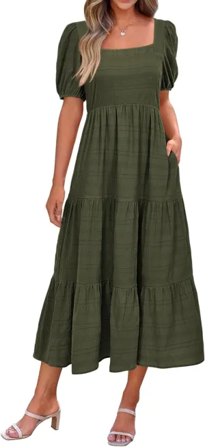 PRETTYGARDEN Women's Summer Dresses 2025 Puff Sleeve Square Neck High Waist Smocked A-Line Flowy Loose Fit Midi Dress