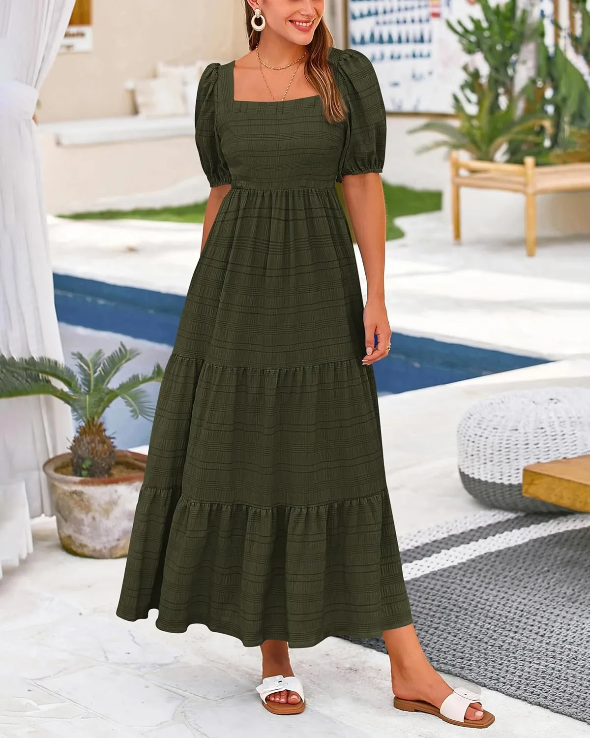 PRETTYGARDEN Women's Summer Dresses 2025 Puff Sleeve Square Neck High Waist Smocked A-Line Flowy Loose Fit Midi Dress