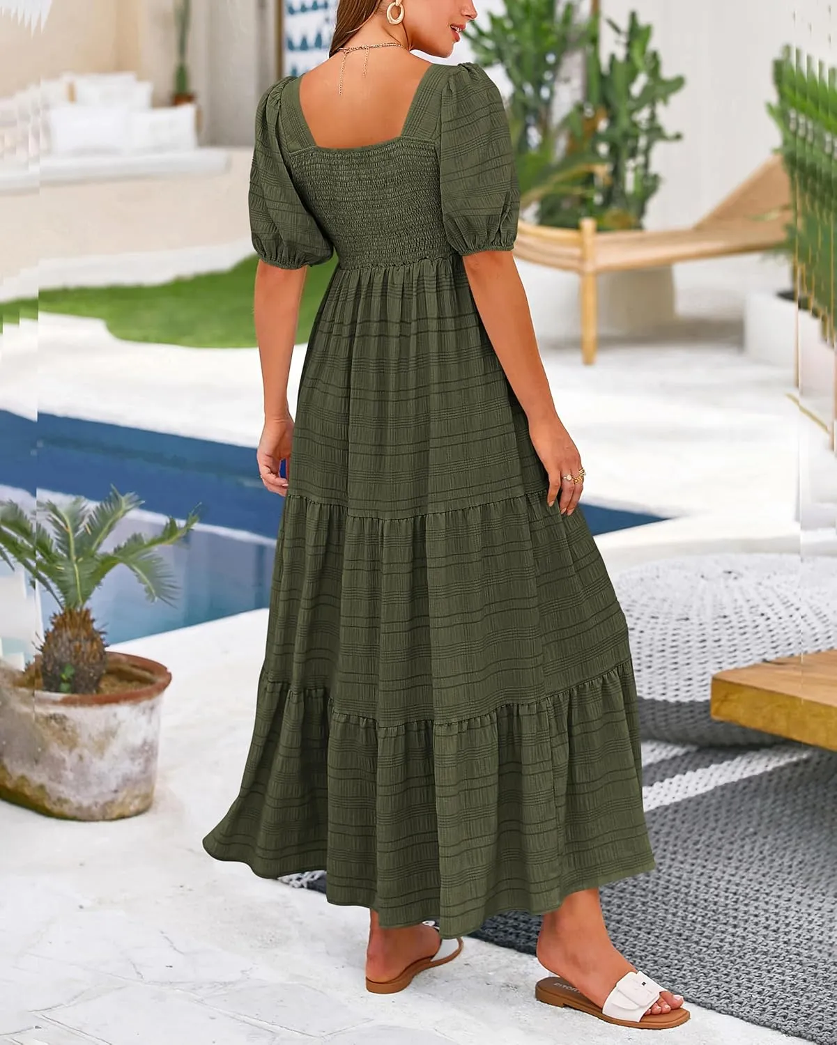 PRETTYGARDEN Women's Summer Dresses 2025 Puff Sleeve Square Neck High Waist Smocked A-Line Flowy Loose Fit Midi Dress