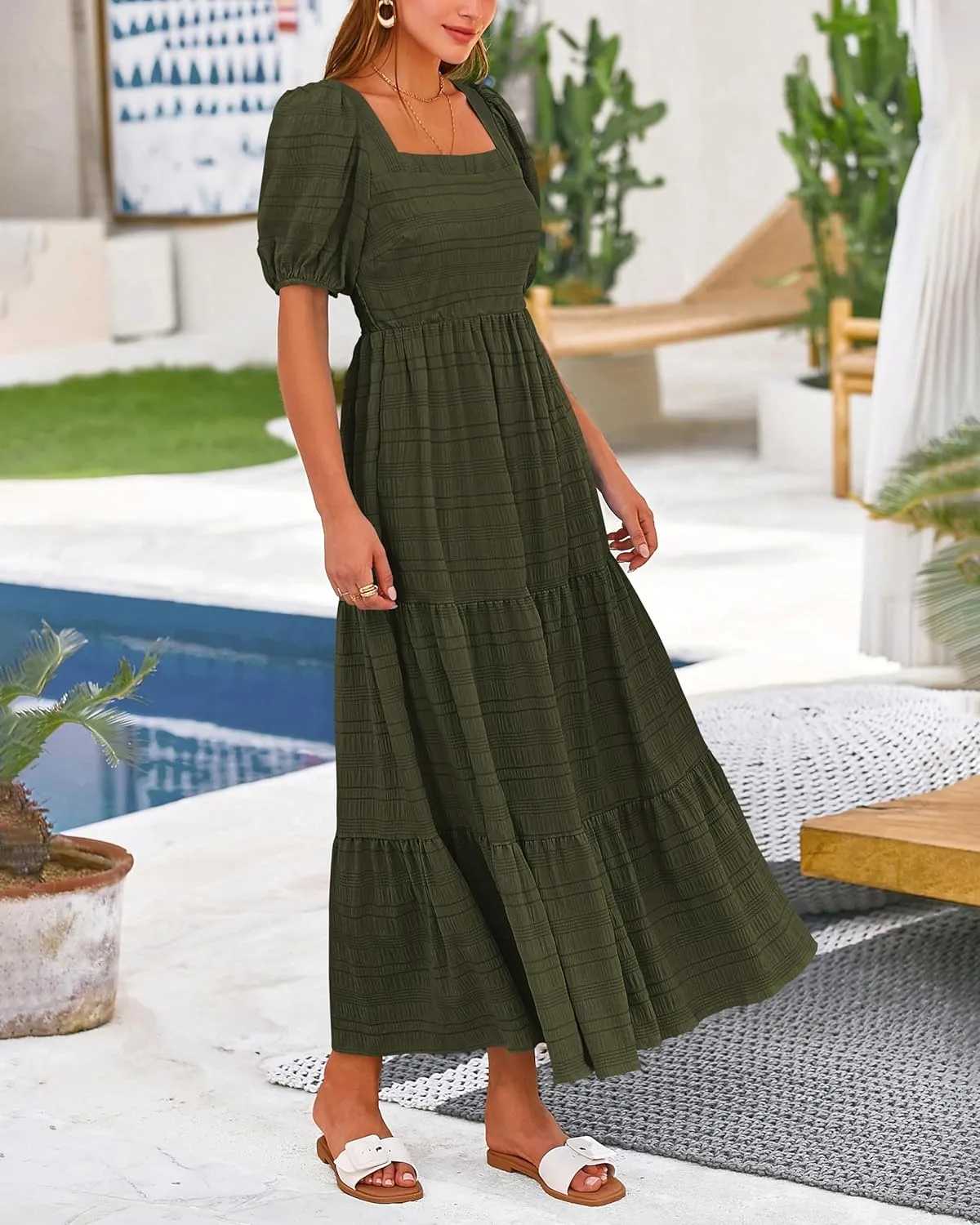 PRETTYGARDEN Women's Summer Dresses 2025 Puff Sleeve Square Neck High Waist Smocked A-Line Flowy Loose Fit Midi Dress