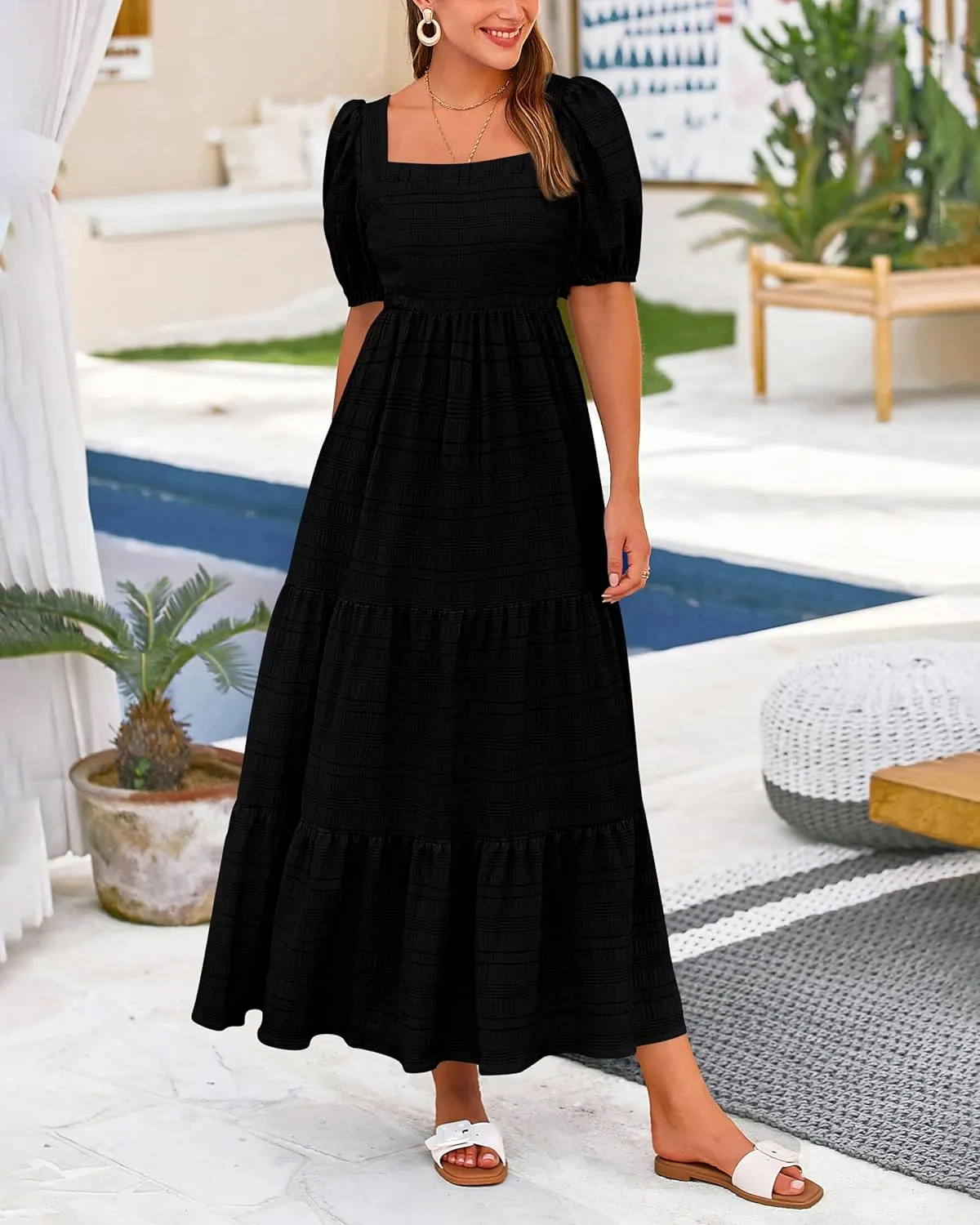 PRETTYGARDEN Women's Summer Dresses 2025 Puff Sleeve Square Neck High Waist Smocked A-Line Flowy Loose Fit Midi Dress