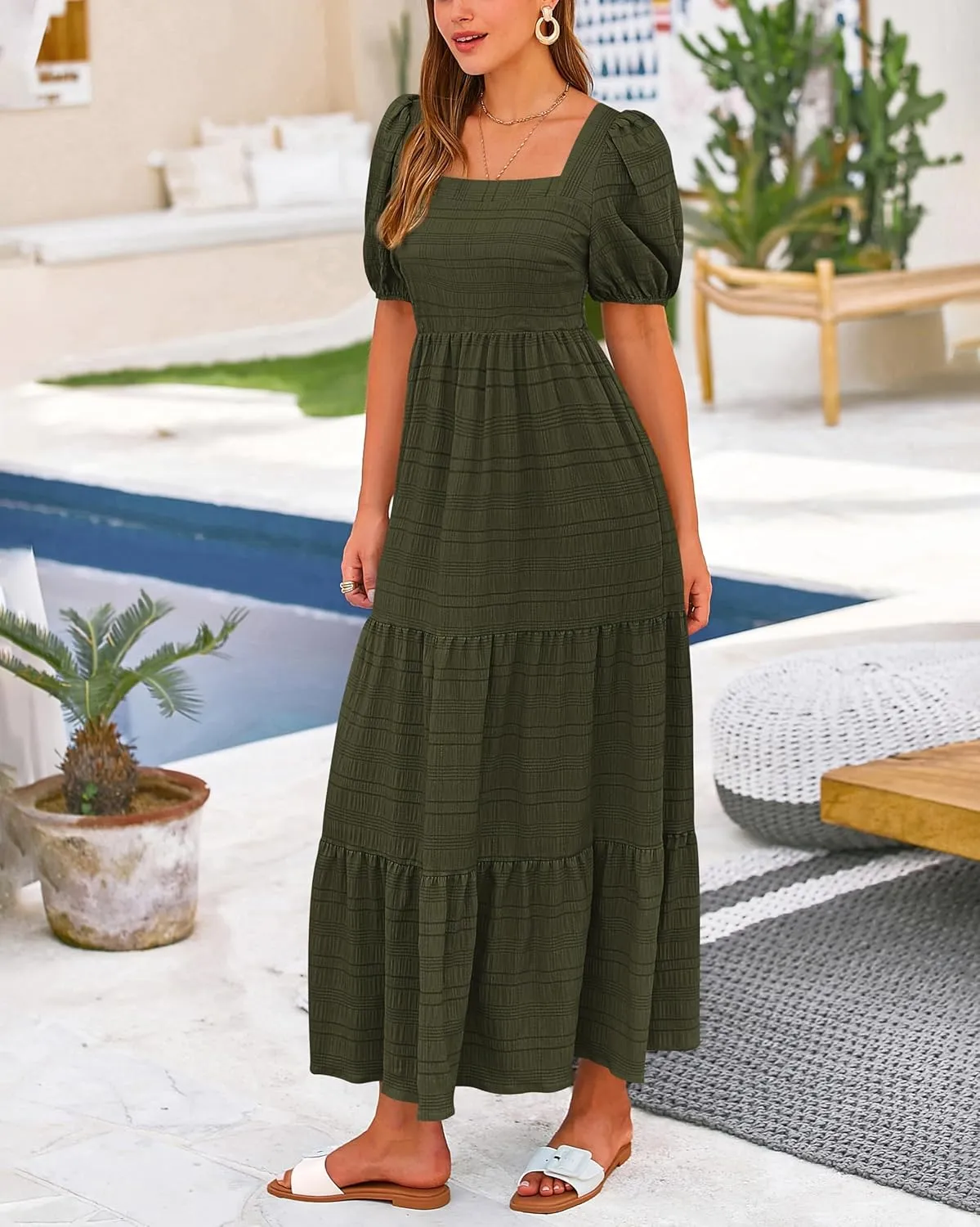PRETTYGARDEN Women's Summer Dresses 2025 Puff Sleeve Square Neck High Waist Smocked A-Line Flowy Loose Fit Midi Dress
