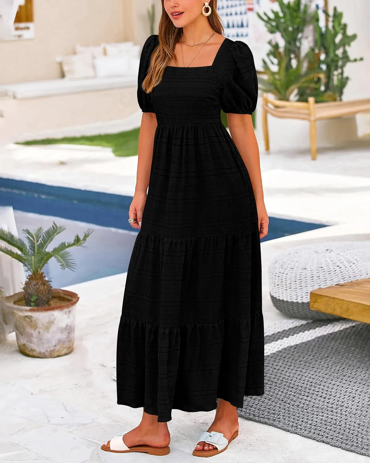 PRETTYGARDEN Women's Summer Dresses 2025 Puff Sleeve Square Neck High Waist Smocked A-Line Flowy Loose Fit Midi Dress
