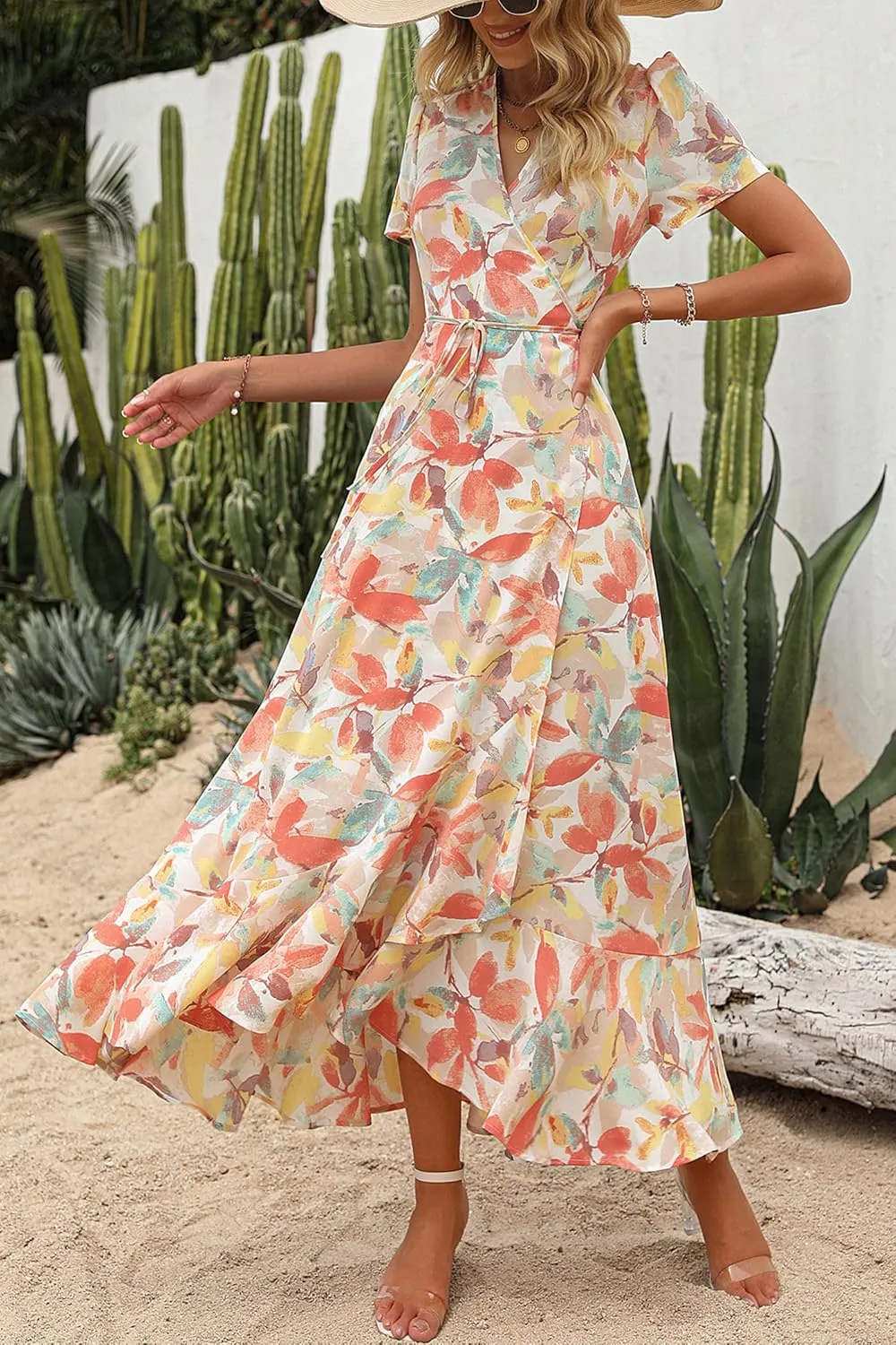 PRETTYGARDEN Women's Summer Maxi Dress Casual Wrap Floral Boho Short Sleeve V Neck Split Ruffle Beach Long Dresses