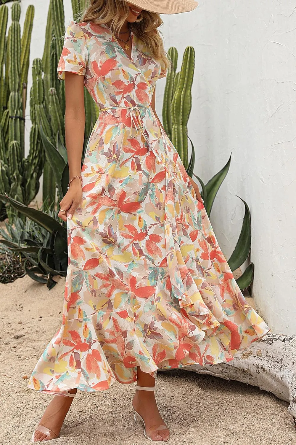 PRETTYGARDEN Women's Summer Maxi Dress Casual Wrap Floral Boho Short Sleeve V Neck Split Ruffle Beach Long Dresses