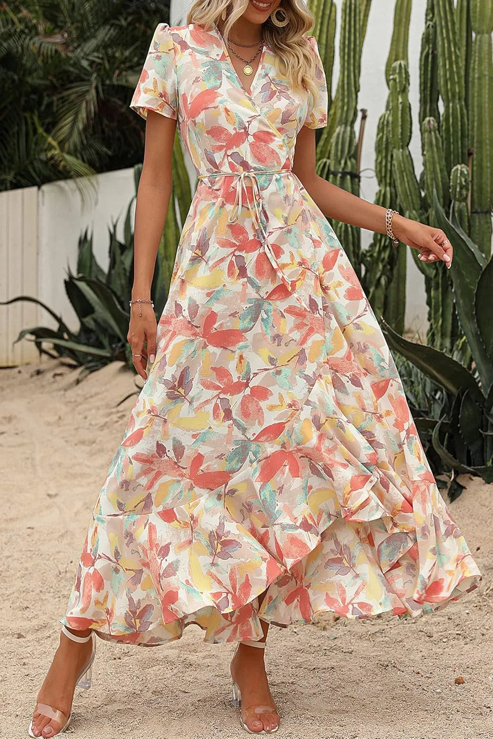 PRETTYGARDEN Women's Summer Maxi Dress Casual Wrap Floral Boho Short Sleeve V Neck Split Ruffle Beach Long Dresses