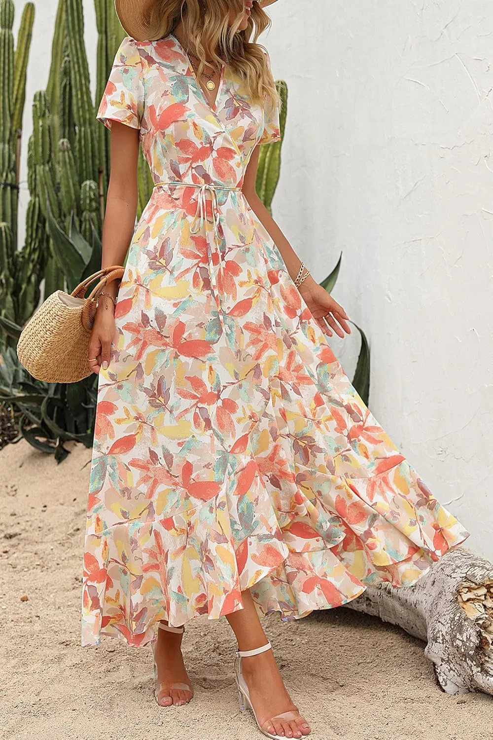 PRETTYGARDEN Women's Summer Maxi Dress Casual Wrap Floral Boho Short Sleeve V Neck Split Ruffle Beach Long Dresses