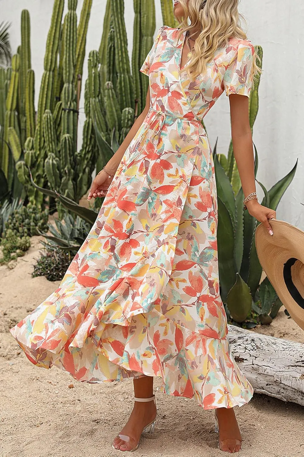 PRETTYGARDEN Women's Summer Maxi Dress Casual Wrap Floral Boho Short Sleeve V Neck Split Ruffle Beach Long Dresses