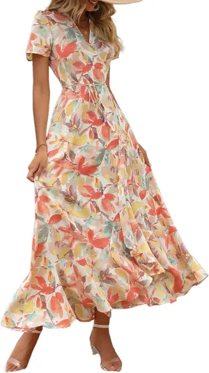 PRETTYGARDEN Women's Summer Maxi Dress Casual Wrap Floral Boho Short Sleeve V Neck Split Ruffle Beach Long Dresses
