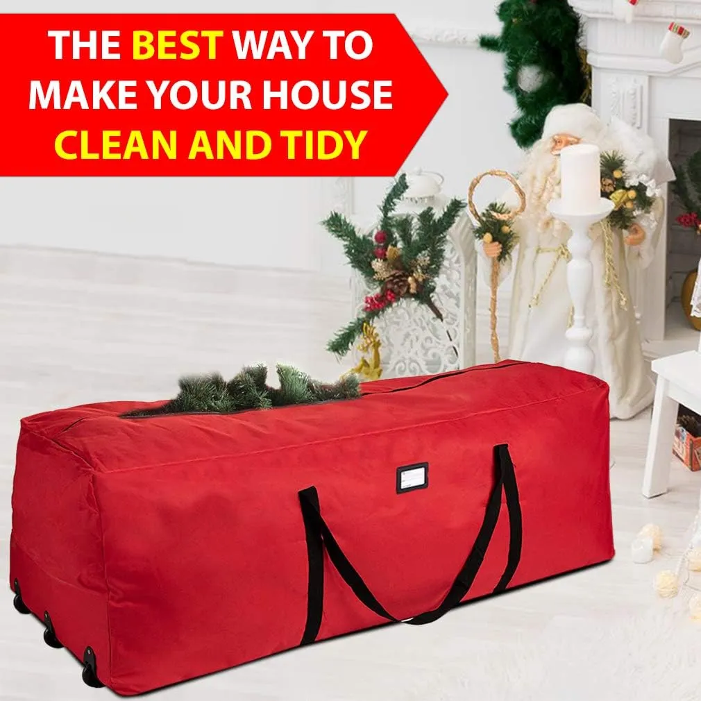 ProPik Christmas Rolling Tree Storage Bag, Fits Up to 9 Ft Tall Disassembled Trees, 28" X 16.5" X 60", Extra Large Heavy Duty Storage Container with Wheels & Handles, 600D Oxford (Red)