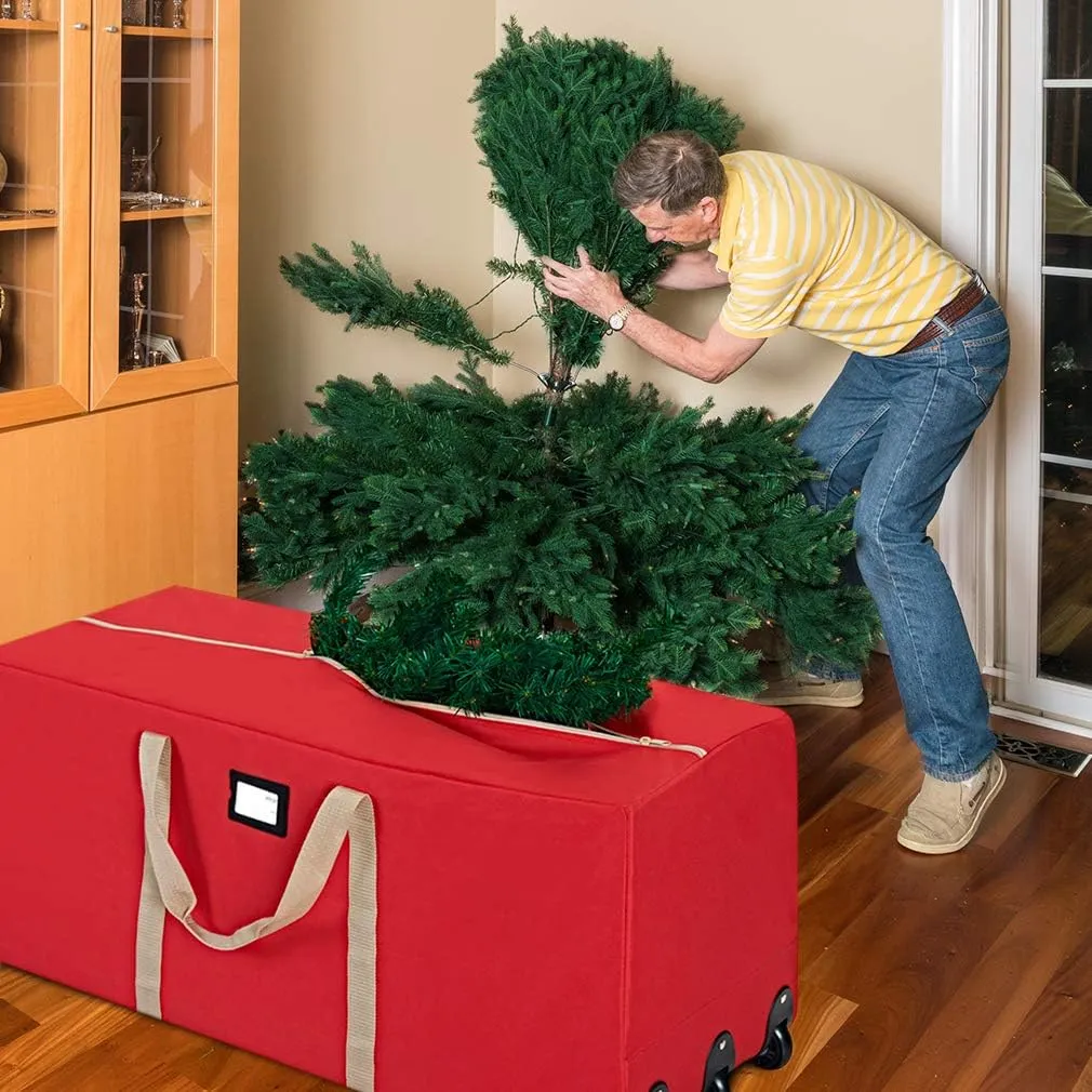 ProPik Rolling Christmas Tree Storage Bag, Fits Up to 9 ft. Xmas Tree, 28"x 16"x 60", Extra Large Heavy Duty Storage Container with Wheels and Handles, 600D Oxford (Red)