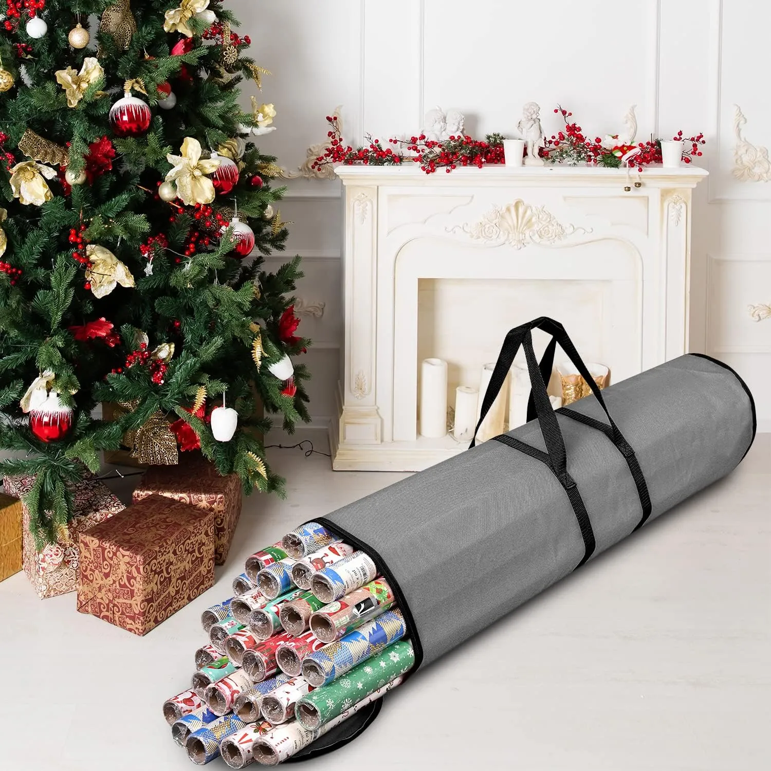 ProPik Wrapping Paper Storage Bag | Gift Wrap Holder Organizer | 2 Pack Store Up to 48 Rolls 40 Inch Long | Heavy Duty 600D Oxford Material Holiday Container | Top & side handles (Gray)