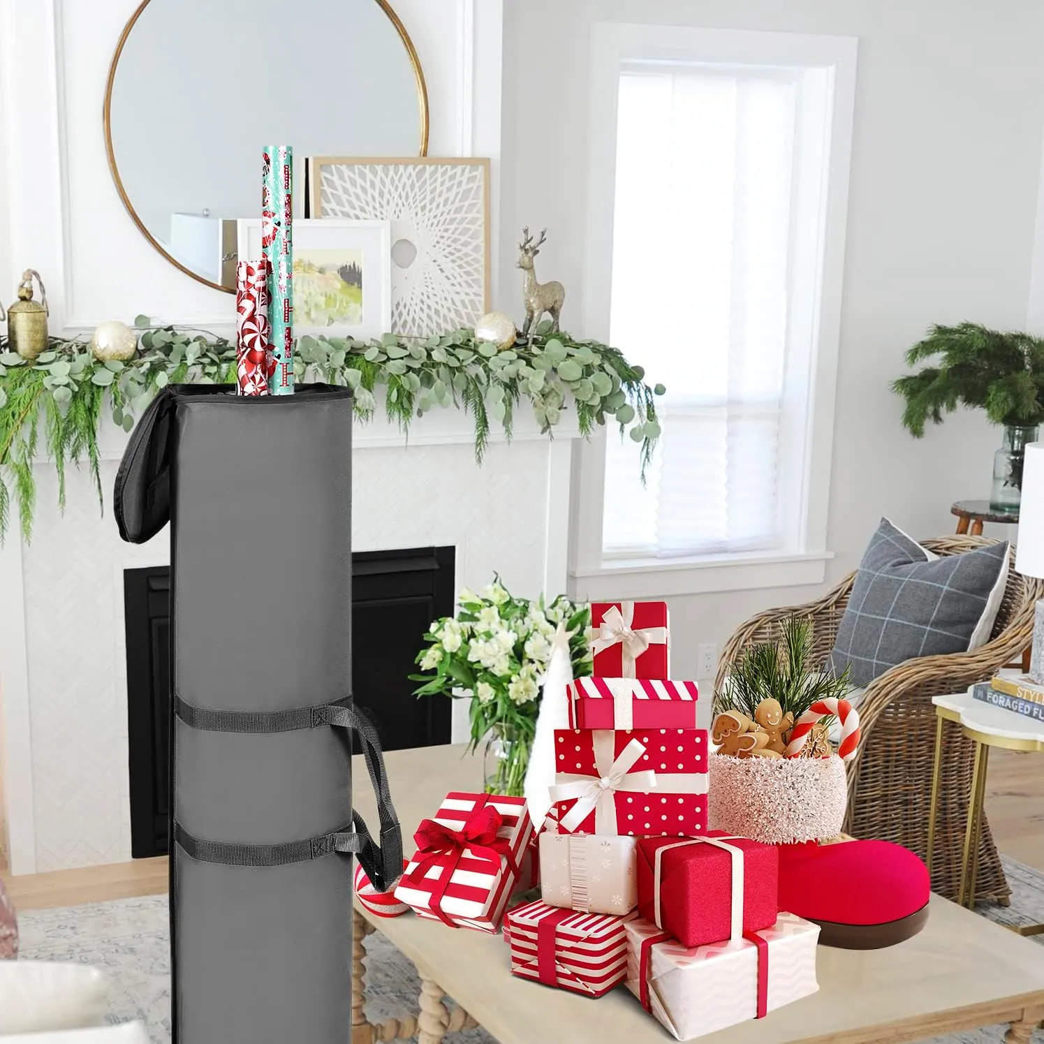 ProPik Wrapping Paper Storage Bag | Gift Wrap Holder Organizer | 2 Pack Store Up to 48 Rolls 40 Inch Long | Heavy Duty 600D Oxford Material Holiday Container | Top & side handles (Gray)