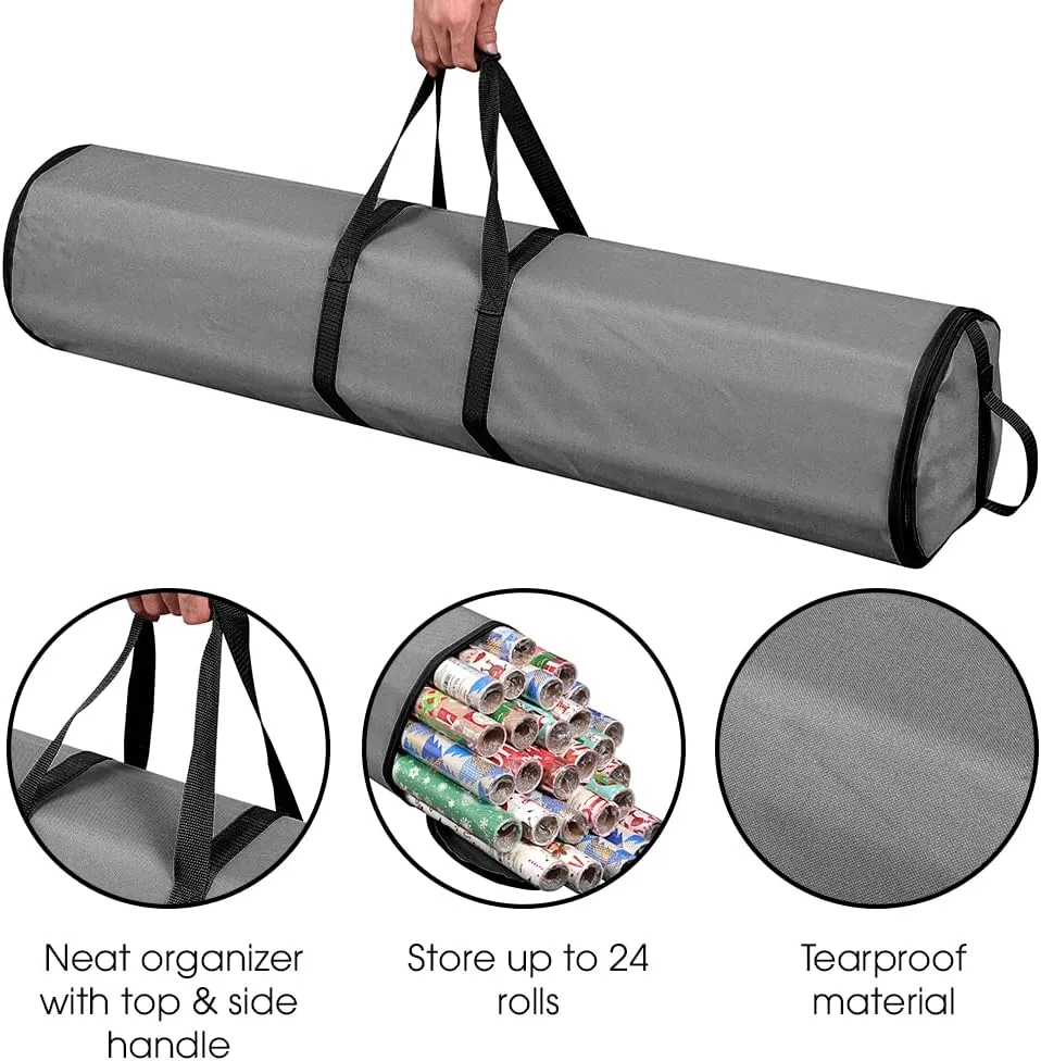 ProPik Wrapping Paper Storage Bag | Gift Wrap Holder Organizer | 2 Pack Store Up to 48 Rolls 40 Inch Long | Heavy Duty 600D Oxford Material Holiday Container | Top & side handles (Gray)