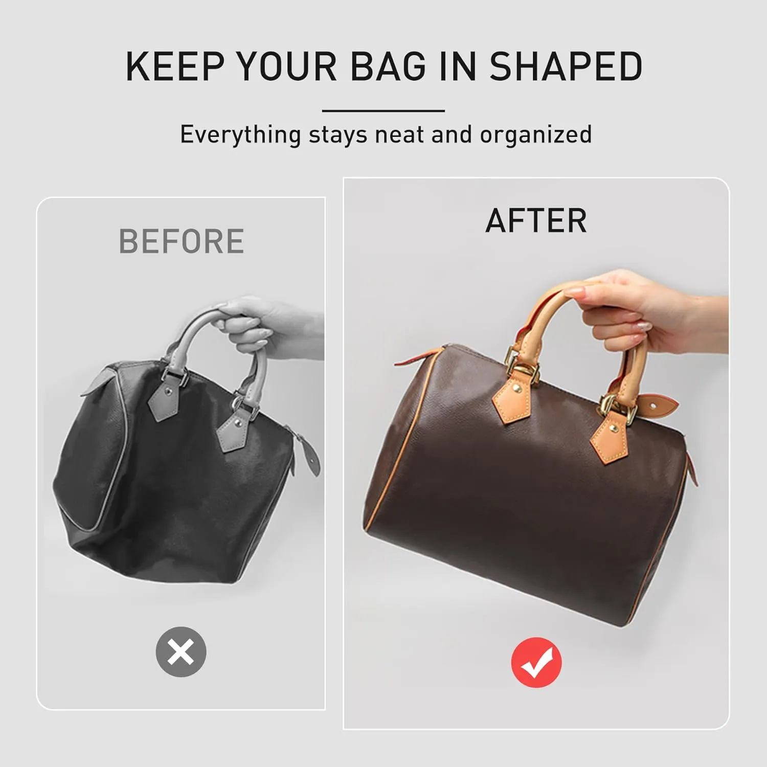 Purse Organizer Insert Compatible with lv Speedy 30/Monogram Bags and More, Light Waterproof Dupont Paper Bag Insert Shaper Protector for Women Tote Handbags, 11 Pockets with Zip(White&Brown,L)