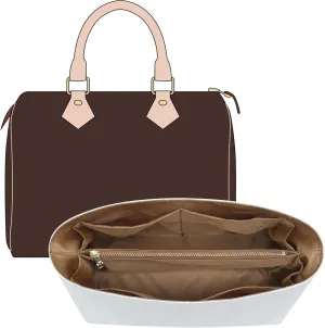Purse Organizer Insert Compatible with lv Speedy 30/Monogram Bags and More, Light Waterproof Dupont Paper Bag Insert Shaper Protector for Women Tote Handbags, 11 Pockets with Zip(White&Brown,L)