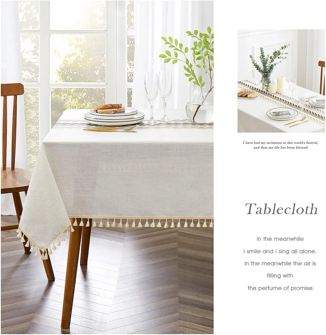 QIANQUHUI Embroidered Tablecloth for Dining Table,Dust Proof Spillproof Soil Resistant Cotton Linen Rectangle Table Cloths (Coffee Wheat, Rectangle/Oblong, 55'x70'', 4-6 Seats)