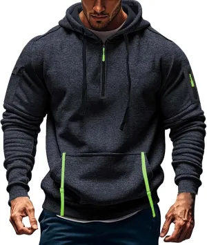 Quarter Zip Pullover Top for Men Tactical Cargo Hoodies Casual Long Sleeve Workout Hipster Athletic Hooded Sweatshirt