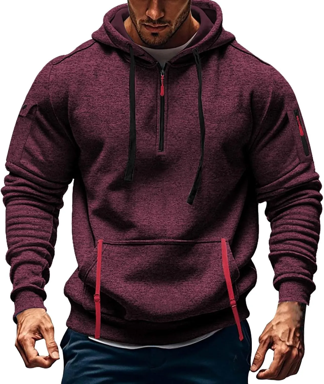 Quarter Zip Pullover Top for Men Tactical Cargo Hoodies Casual Long Sleeve Workout Hipster Athletic Hooded Sweatshirt
