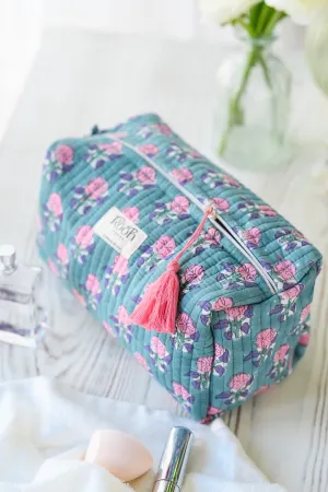 QUILTED COTTON BLOCK PRINT WASH BAG  - DUCKEGG BLUE FLORAL