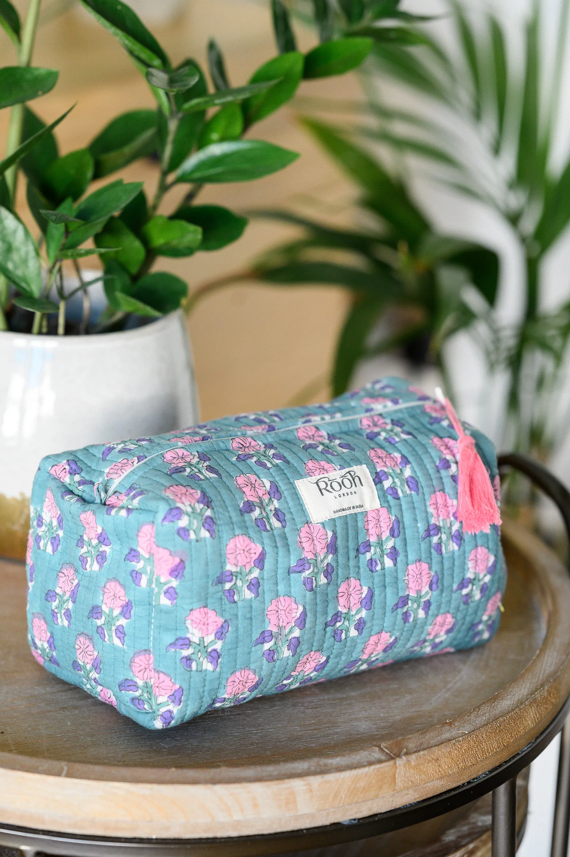 QUILTED COTTON BLOCK PRINT WASH BAG  - DUCKEGG BLUE FLORAL
