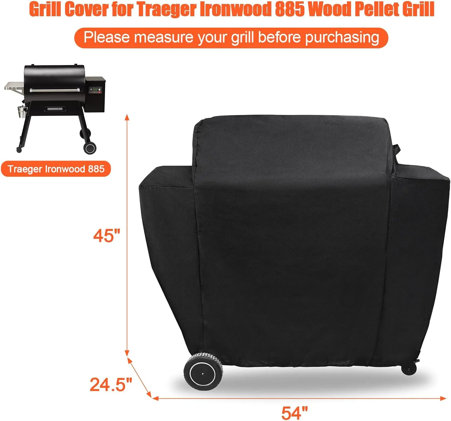 QuliMetal Grill Cover for Traeger Ironwood 885 Wood Pellet Grill, BAC513, Heavy Duty Premium Waterproof Fade Resistant Outdoor BBQ Grill Cover with Elastic Drawstrings, Full Length, Black