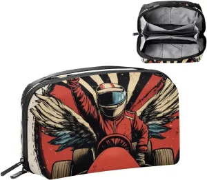 Racer in a Victory Pose with Checkered Flags and Wing Electronics Organizer, Cord Cable Storage Bag Waterproof for Home Travelling, Electronic Accessories Case for Charge Mouse USB SD Card Hard Drives