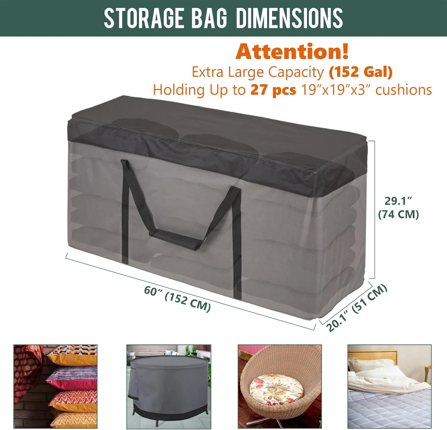 Rachmi Cushion Storage Bag (152 Gal) 60 Inch with Zipper & Padded Handle, Outdoor Oversized Heavy Duty 600D Water-resistant Moving Bag, (60"Wx20"Dx29"H, Extra Large)