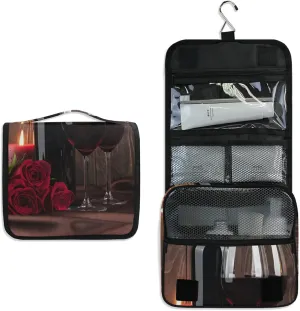 Red Wine Bottle Two Glasses Candle and Red roses on brown Wood Hanging Wash Gargle Toiletry Bag Travel Cosmetic Makeup Case Organizer Storage Large Portable
