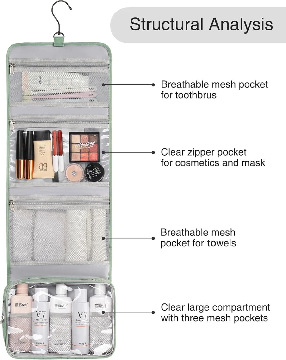 Relavel Travel Hanging Toiletry Bag for Men Women Travel Kit Shaving Bag Waterproof Large Makeup Bag Wash Bag Makeup Organizer Cosmetic Case for Bathroom Shower Green Pro