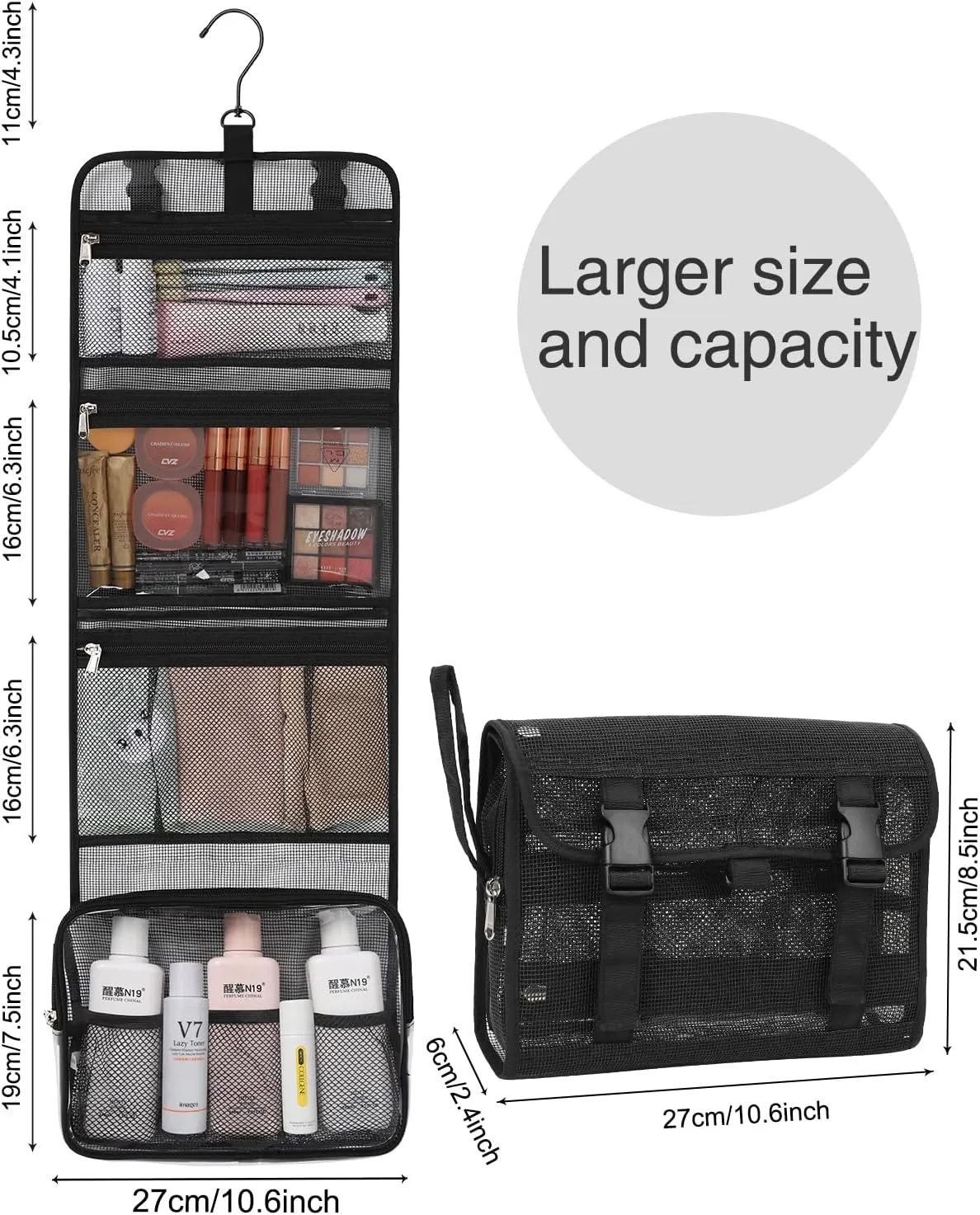 Relavel Travel Hanging Toiletry Bag for Men Women Travel Kit Shaving Bag Waterproof Large Makeup Bag Wash Bag Makeup Organizer Cosmetic Case for Bathroom Shower Shower Caddy Black