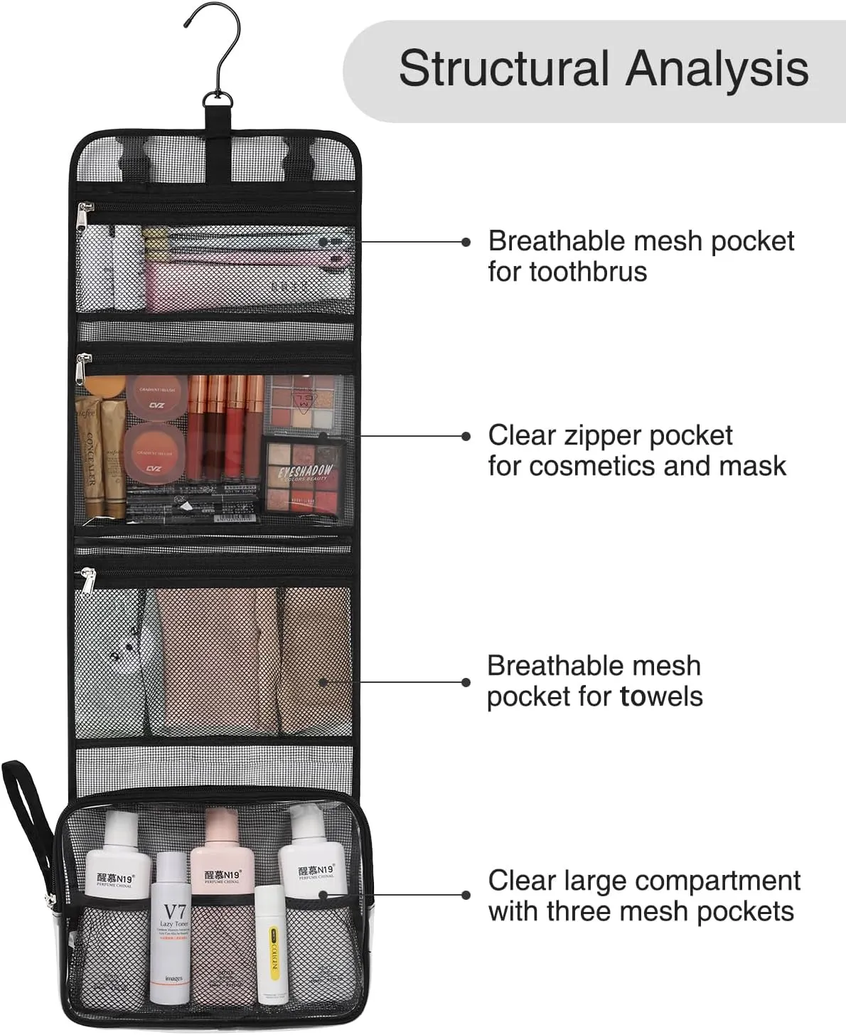 Relavel Travel Hanging Toiletry Bag for Men Women Travel Kit Shaving Bag Waterproof Large Makeup Bag Wash Bag Makeup Organizer Cosmetic Case for Bathroom Shower Shower Caddy Black