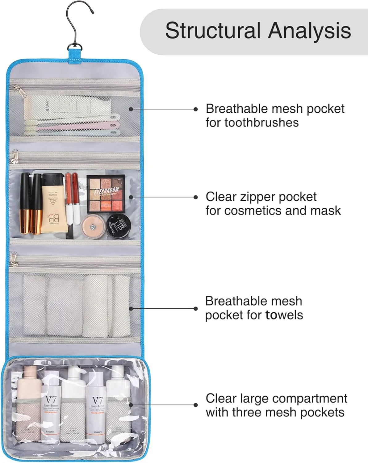 Relavel Travel Hanging Toiletry Bag for Women Men Large Capacity Makeup Bag Waterproof Cosmetic Storage Organizer Case for Bathroom Shower (Blue)