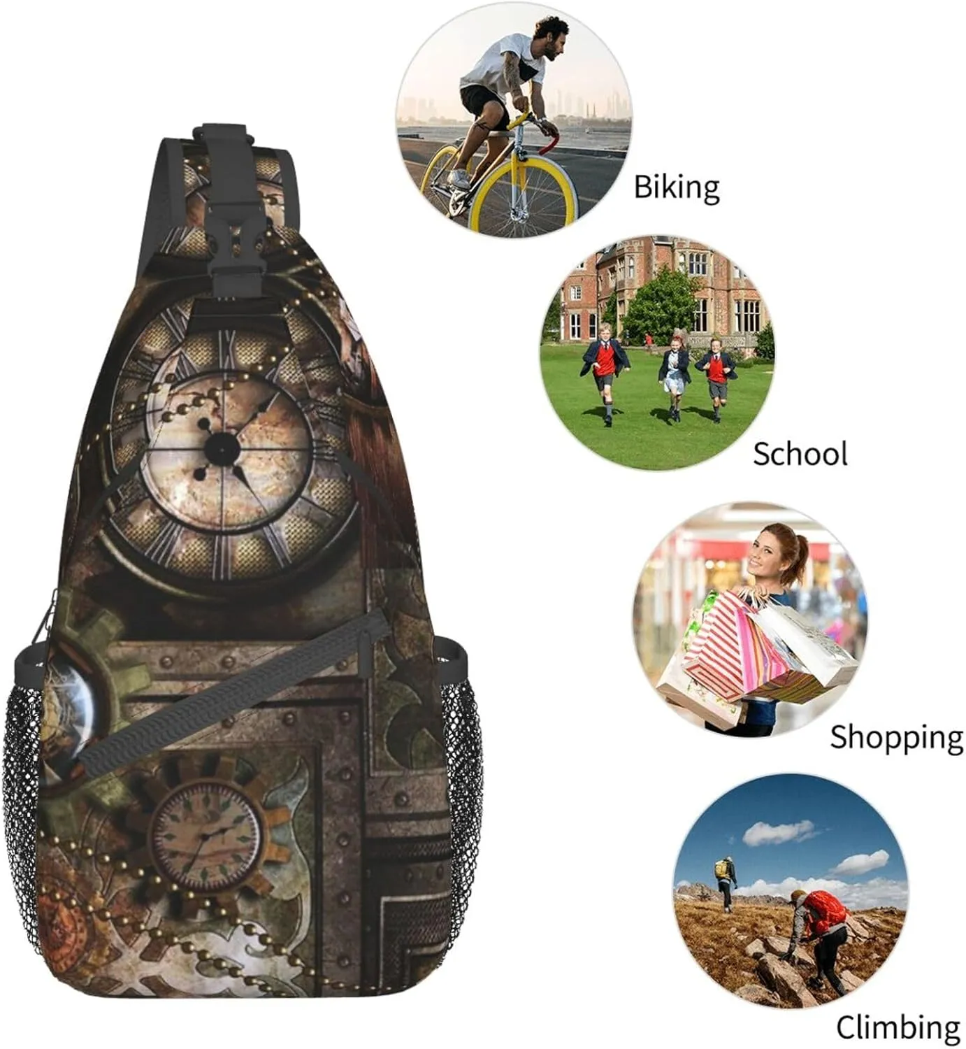 Retro Steampunk Crossbody Bag Clocks Shoulder Bag Backpack Steampunk Sling Bag Chest Casual Daypack