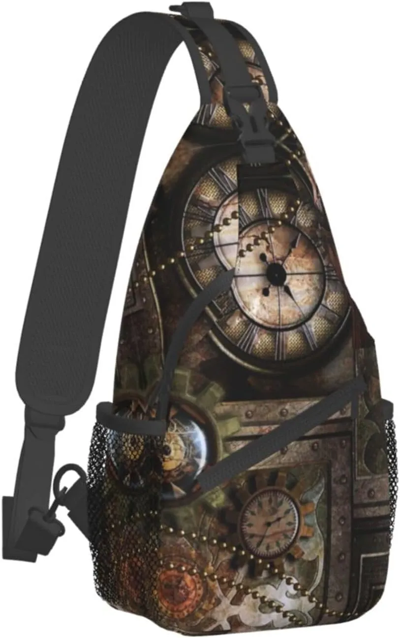 Retro Steampunk Crossbody Bag Clocks Shoulder Bag Backpack Steampunk Sling Bag Chest Casual Daypack