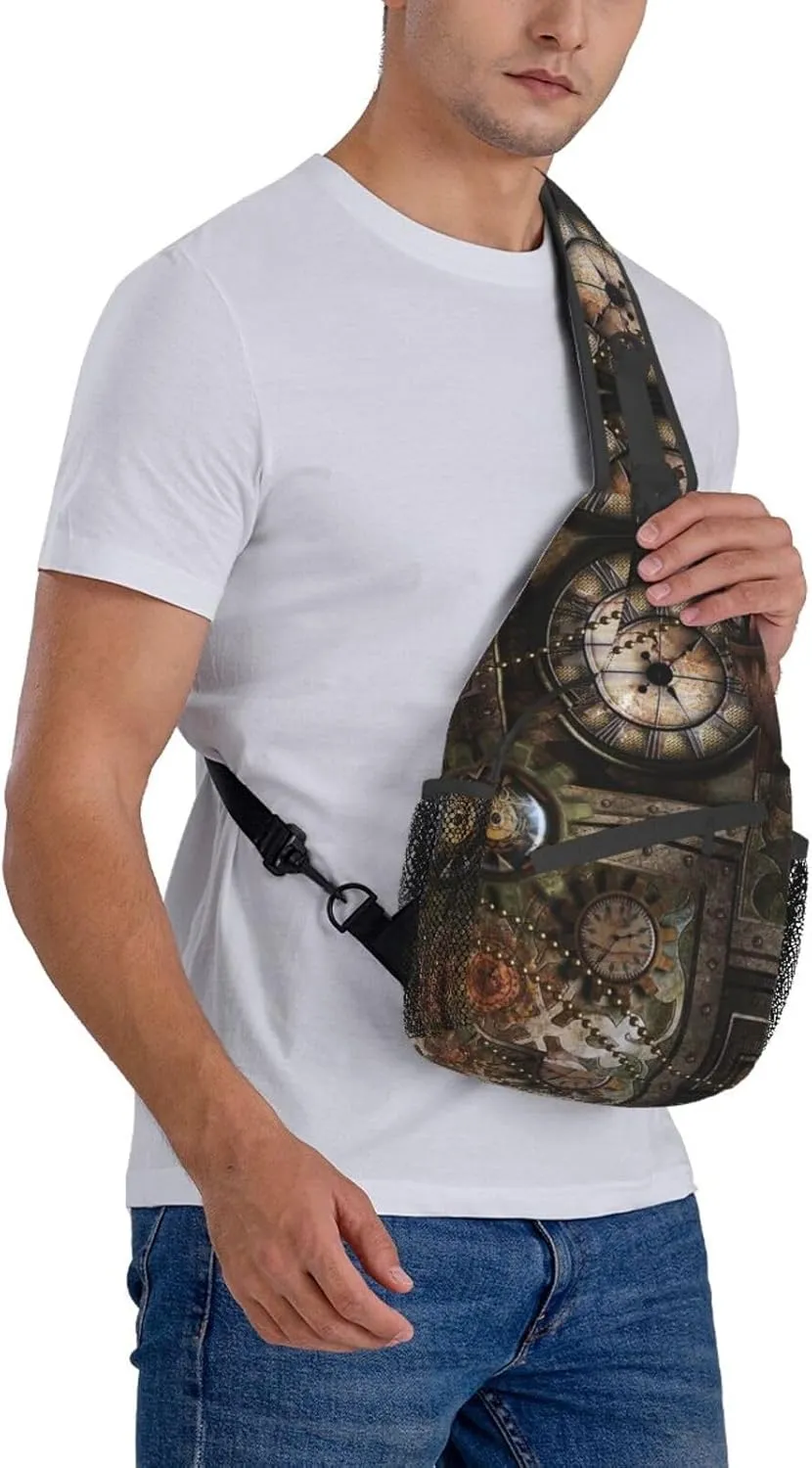 Retro Steampunk Crossbody Bag Clocks Shoulder Bag Backpack Steampunk Sling Bag Chest Casual Daypack