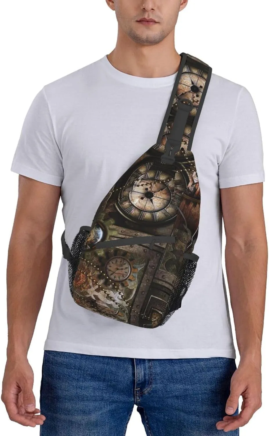 Retro Steampunk Crossbody Bag Clocks Shoulder Bag Backpack Steampunk Sling Bag Chest Casual Daypack