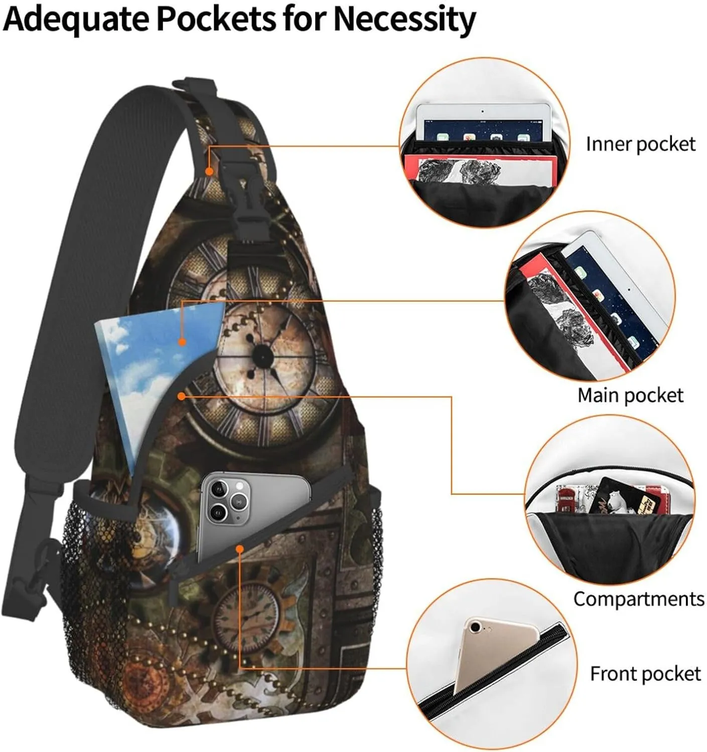 Retro Steampunk Crossbody Bag Clocks Shoulder Bag Backpack Steampunk Sling Bag Chest Casual Daypack