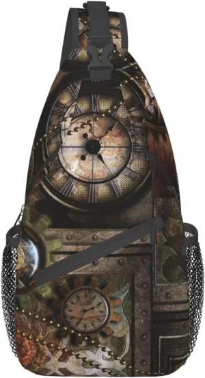 Retro Steampunk Crossbody Bag Clocks Shoulder Bag Backpack Steampunk Sling Bag Chest Casual Daypack