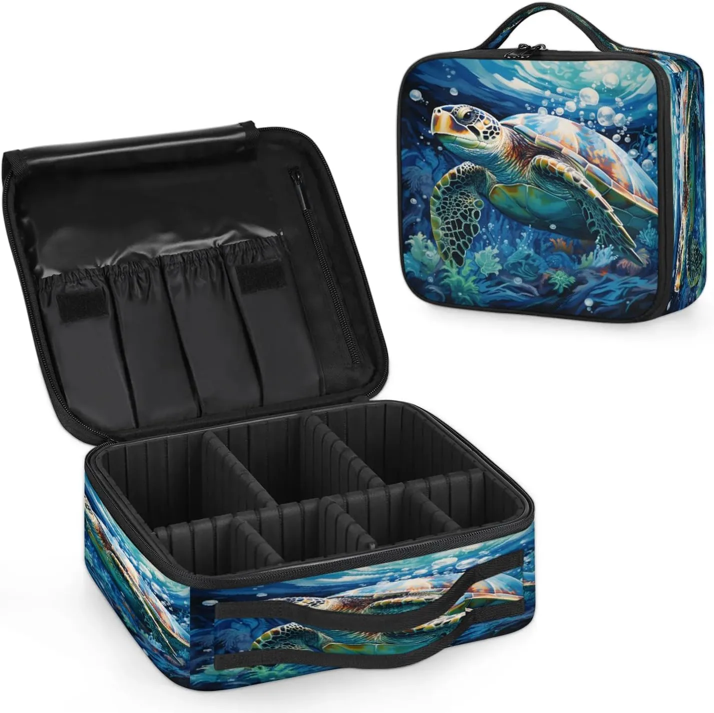 Retro Turtle Makeup Bag for Travel, Cosmetic Bag with Dividers Toiletry Storage Turtle Portable Organizer Train Case for Cosmetics Makeup Brushes Jewelry