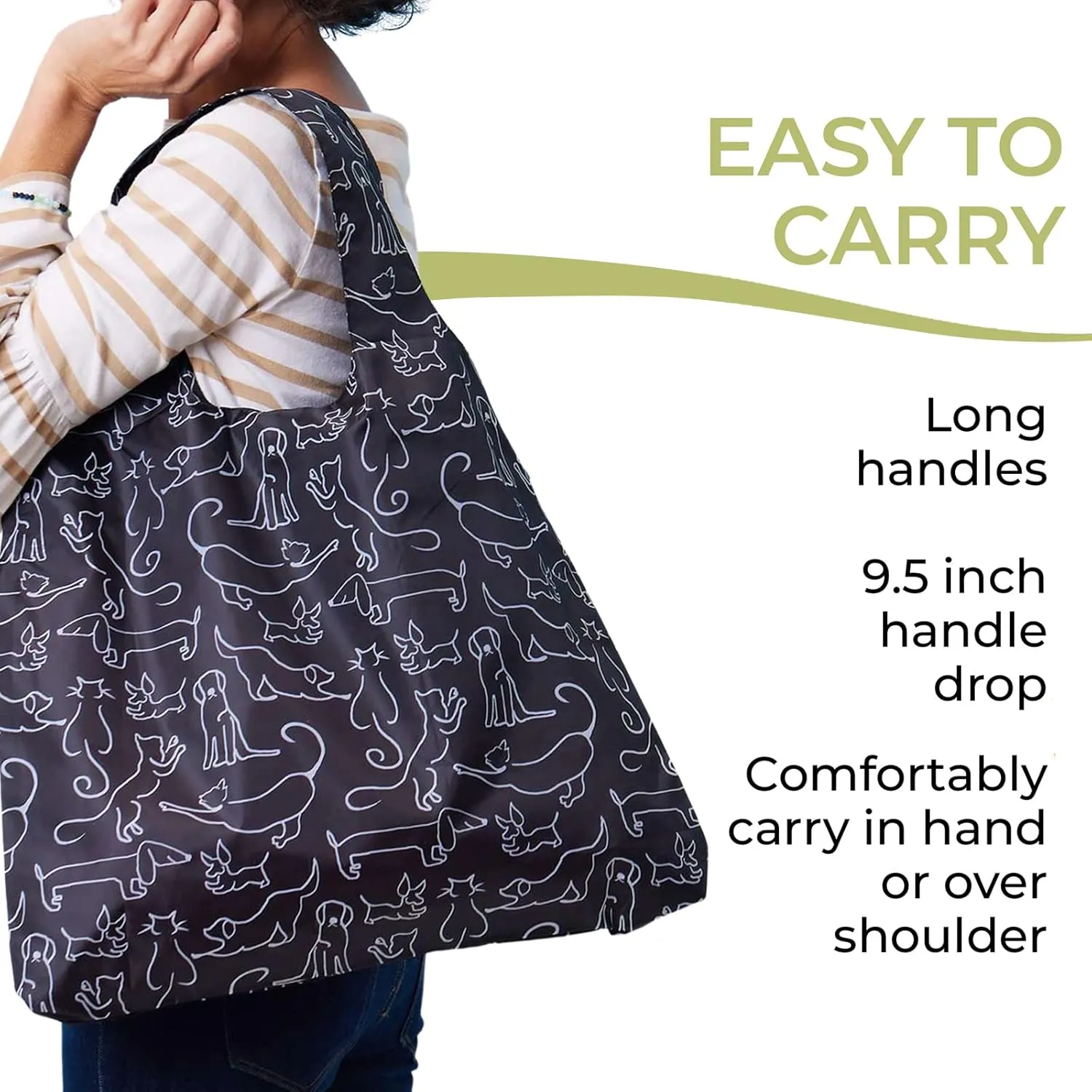 Reusable Grocery Bags - Washable, Foldable, Packable Tote, Large Handles, Heavy Duty, Zippered Top Pouch