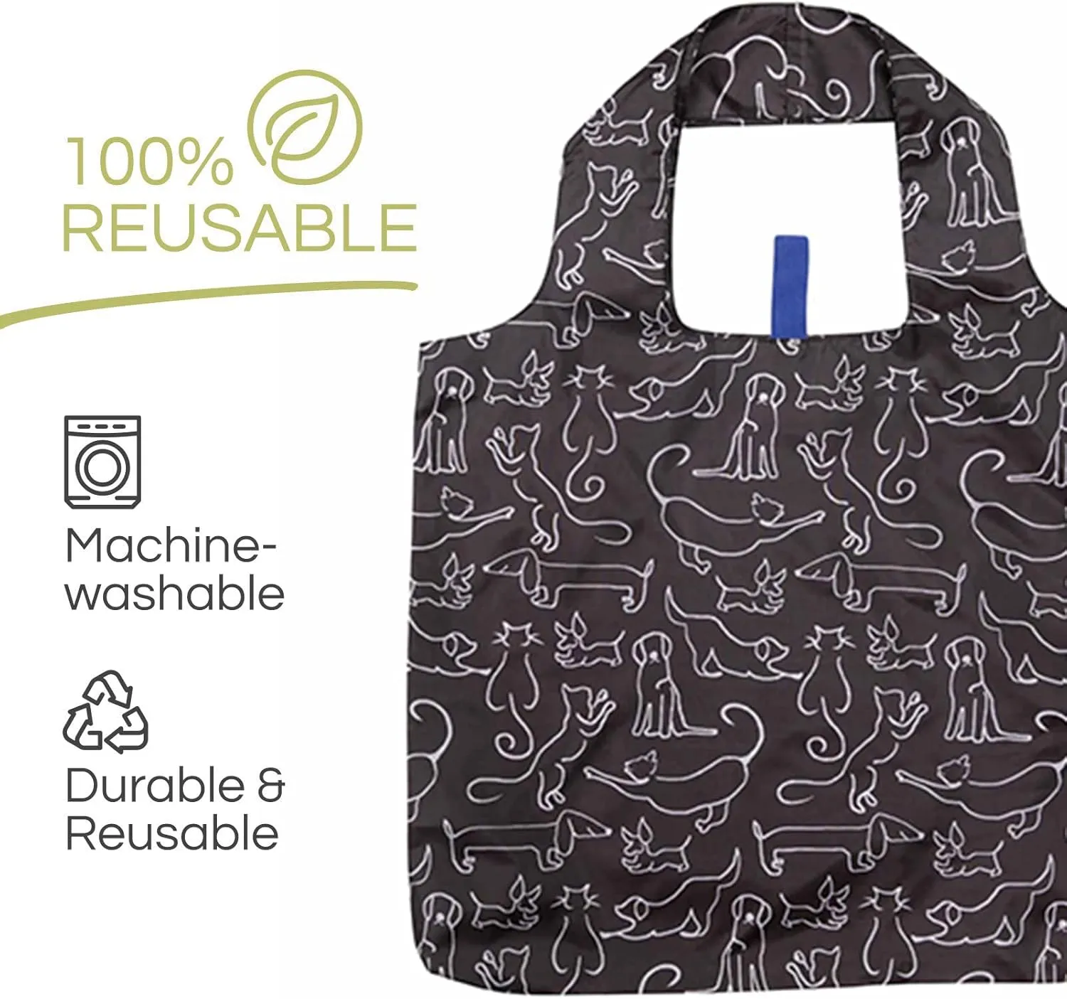 Reusable Grocery Bags - Washable, Foldable, Packable Tote, Large Handles, Heavy Duty, Zippered Top Pouch