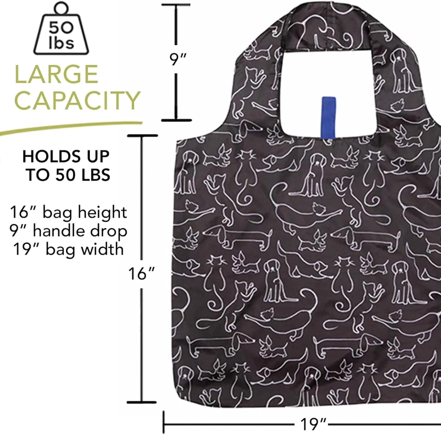 Reusable Grocery Bags - Washable, Foldable, Packable Tote, Large Handles, Heavy Duty, Zippered Top Pouch